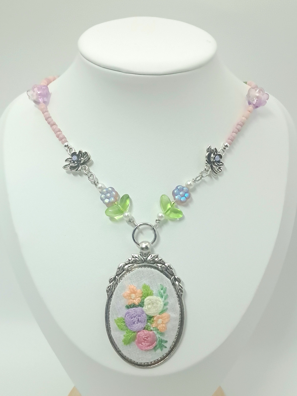 Hand-Embroidered Pastel Floral Pendant Beaded Necklace